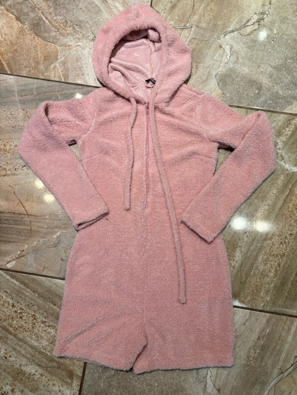 Fashion Nova Pink Fuzzy Hooded Shorts Romper